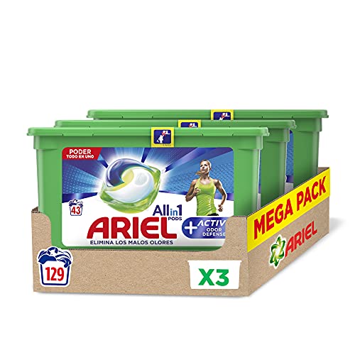 Ariel Pods Detergente Lavadora Cápsulas, 129 Lavados (3 x 43), Active Odor Defense