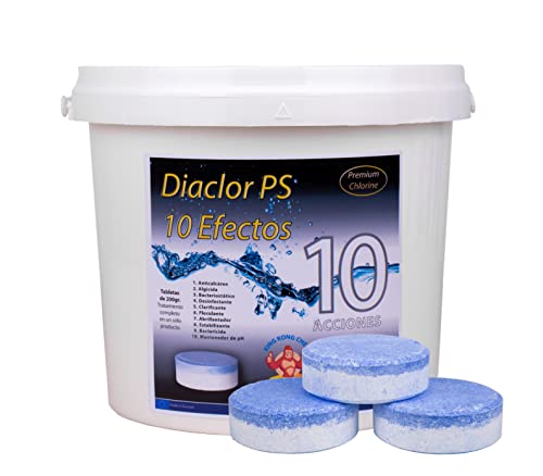 Cloro para Piscinas DIACLOR PS 10 Efectos 5 KG - 25 Pastillas de Cloro Multiacción (200 gr) - Tratamiento Completo 10 Acciones -