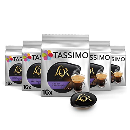 Tassimo Café L'OR Espresso Lungo Profondo, intensidad 8, 80 cápsulas (discos T) compatibles con la cafetera Tassimo Bosch, 5 paquetes de 16