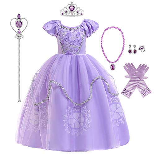 MYRISAM Vestidos de Princesa Sofia para Niñas Disfraz de Carnaval Rapunzel Traje de Halloween Navidad Cumpleaños Fiesta Ceremonia Aniversario Cosplay Vestir con Accesorios 5-6 años