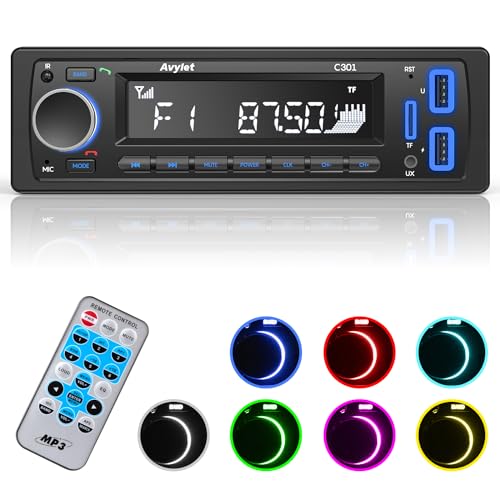 Radio Coche 1 DIN, Avylet Autoradio Bluetooth 5.0 Soporta Llamadas Manos Libres/FM/AUX-IN/SD/U Disk/Control Remoto, Luz de Botón 7 Colores, 60W X 4, Carga Rápida