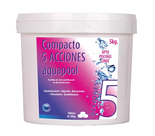 Compacto 5 ACCIONES AQUAPOOL (200 GR) - Pastillas de Cloro multifunción - Disolución Lenta - Apto Piscinas Liner (5 KG)