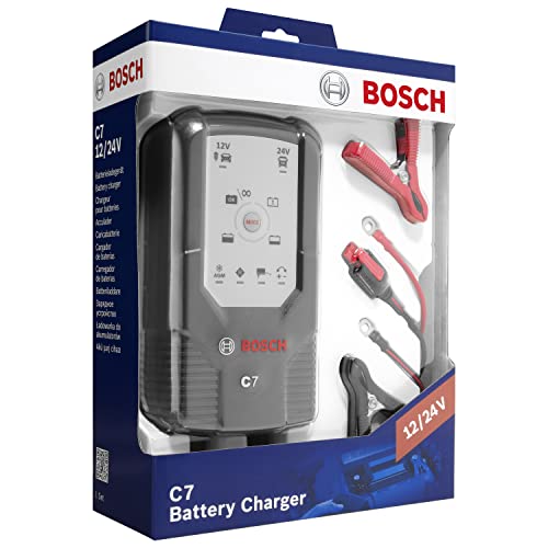 Bosch C7 cargador de baterías, rojo, inteligente y automático - 12V/24 V / 7A para baterías de plomo-ácido, GEL, Start/Stop EFB, Start/Stop AGM para motocicletas y vehículos ligeros