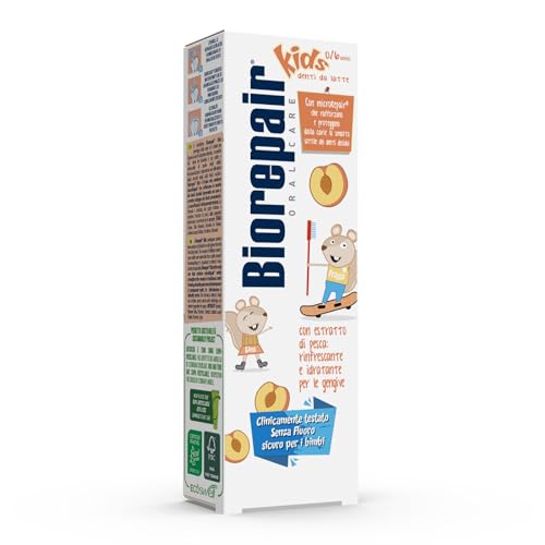 Biorepair® - Pasta de dientes para niños, 0-6 años, melocotón, pasta de dientes para niños sin flúor, sabor melocotón, anticaries, para encías saludables, 50 ml