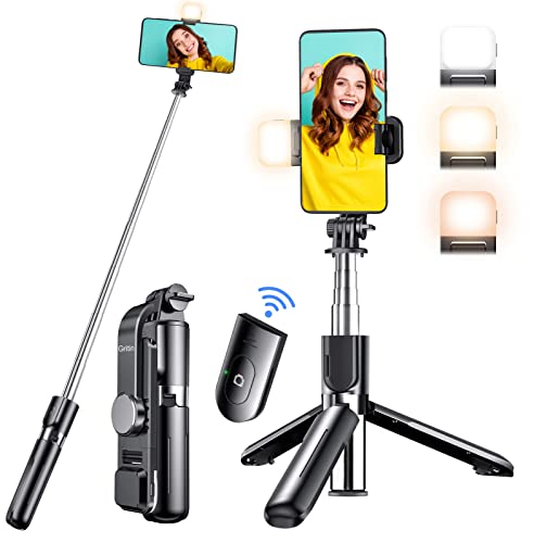 Palo Selfie con Luz de Relleno, Gritin 4 en 1 Mini Palo Selfie Trípode con Luces Ajustable y Bluetooth Control Remoto, Extensible Palo Tripode para Movil Compatible con iPhone, Huawei, XiaoMi, etc