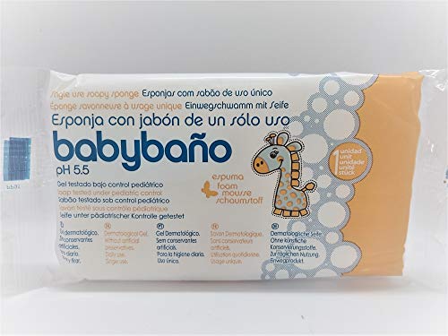 Babybaño Esponja Jabonosa Desechable para Bebés y Niños de 0 a 3 Años. Esponja de Baño de Un Solo Uso con Gel Pediátrico y Dermatológico. Envase Individual. 25 Unidades
