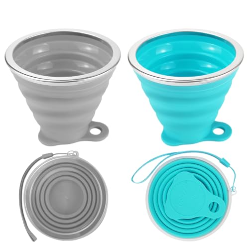 TENGYIF 2 vasos plegables de silicona, 270 ml, vasos de viaje de silicona plegables portátiles con tapa de sellado de plástico, vasos de silicona plegables para viajes, senderismo, camping, picnic