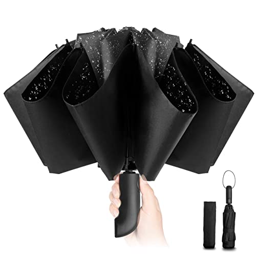 Paraguas Plegable Compacto – Paraguas invertido Automático Negro a Prueba de Viento para Hombres, Revestimiento de Teflón 210T Abarca 105cm Paraguas Grande de 10 Varillas Regalos Originales