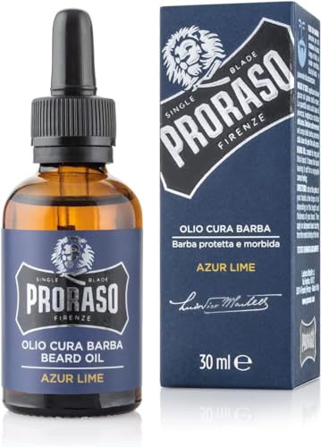 Proraso Aceite barba Azur Lime, 30 ml, aceite suavizante para barbas largas y rebeldes, ideal para el cuidado barba hombre , con aceite de macadamia