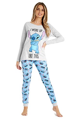 Disney Pijama Mujer Invierno Manga Larga de Stitch (M, Azul/Gris)