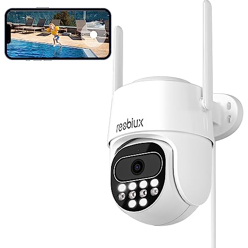 Reobiux 1080P Camara Vigilancia WiFi Exterior, Cámara IP Vigilancia con Visión Nocturna en Color, Seguimiento Automático, Alarma de Luz y Sonido, Grabación Continua, Audio Bidireccional, IP66