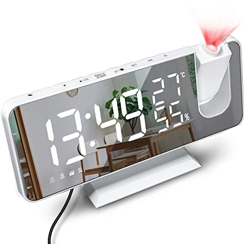 BIGFOX Despertador de Proyección 7,4 Pulgadas,Radio Reloj Despertador Digital con proyección de 180° Giratorio con Radio FM,Carga USB,2 Relojes Despertadores,4 Niveles de Brillo,Función de Snooze