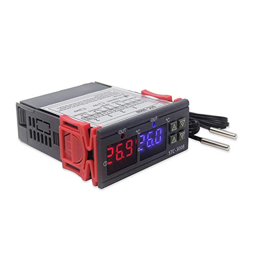 RUIZHI STC-3008 Controlador Digital de Temperatura Termostato Regulador Pantalla LED Doble Termostato para Incubadora con Doble Sensor NTC Sonda Calentador Enfriador （110-220v）
