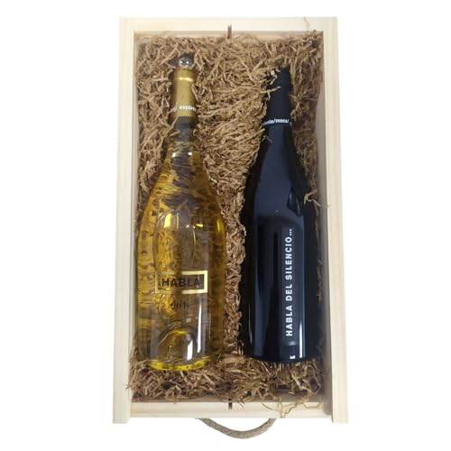 Deliex delicias de Extremadura. Caja de madera con vinos Habla del Silencio y Habla de ti, lote de vinos para regalos a hombres y mujeres.