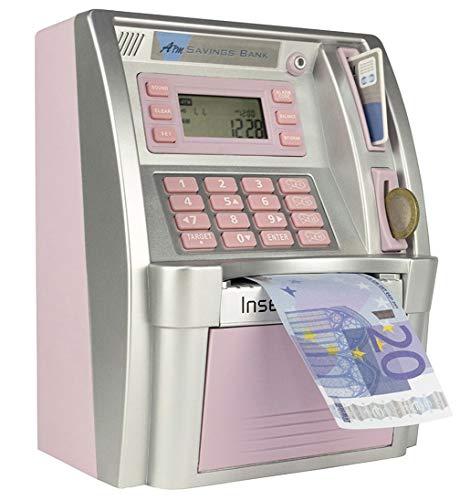 LB Mini Hucha Electrónica ATM Banco de Dinero Divertido para Niños Caja de Ahorros para Monedas y Billetes,Rosa(Versión Euro)