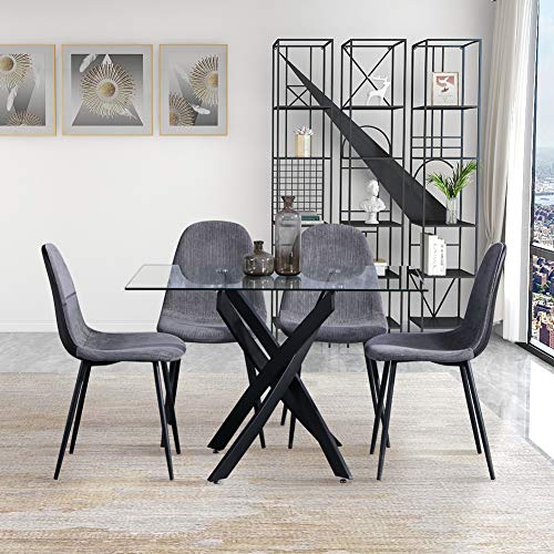 GOLDFAN - Juego de mesa y 4 sillas para comedor, mesa y 4 sillas rectangular, mesa de comedor de cristal, silla de tela, gris