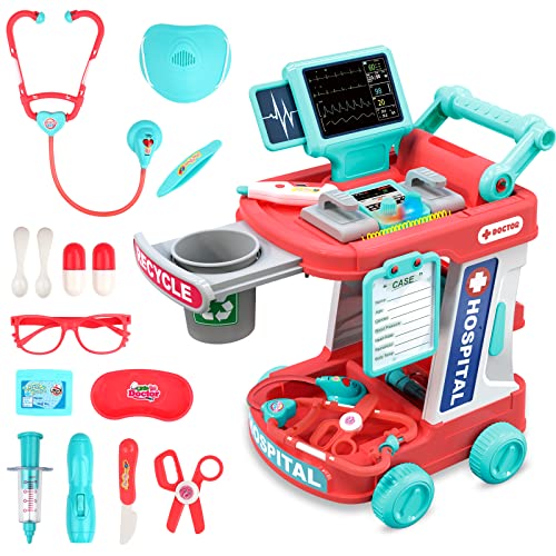deAO Kids Doctor Kit, 20PCS Doctor Role Play Set con Carrito móvil y Estetoscopio, Juego médico Educativo Juguetes para niños y niñas Gift 3+