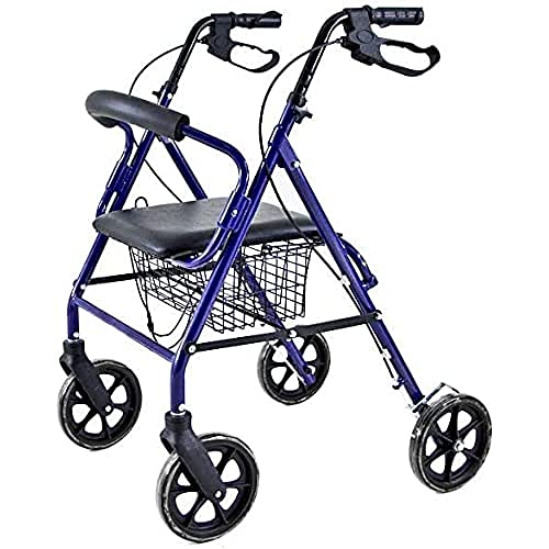 QUIRUMED Andador con asiento, Plegable, Aluminio, Color Azul, Con ruedas. Cesta portaobjetos, Frenos de maneta, Ligero, Para ancianos, Para personas mayores