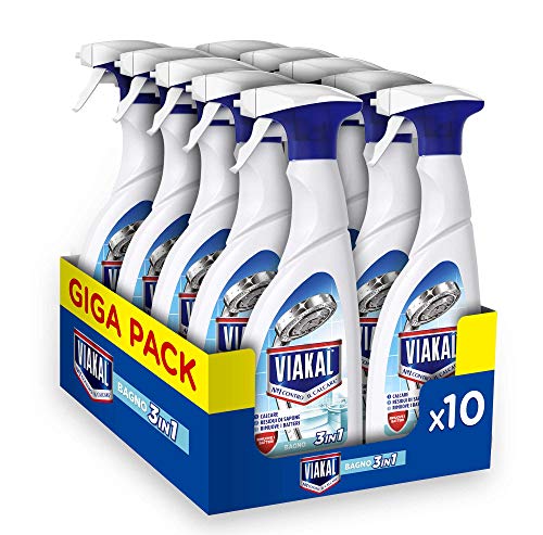 Viakal Detergente en spray para baño, 10 unidades, 10 x 515 ml, elimina la suciedad y las bacterias, acción total sobre la cal, brillo duradero, tamaño maxi