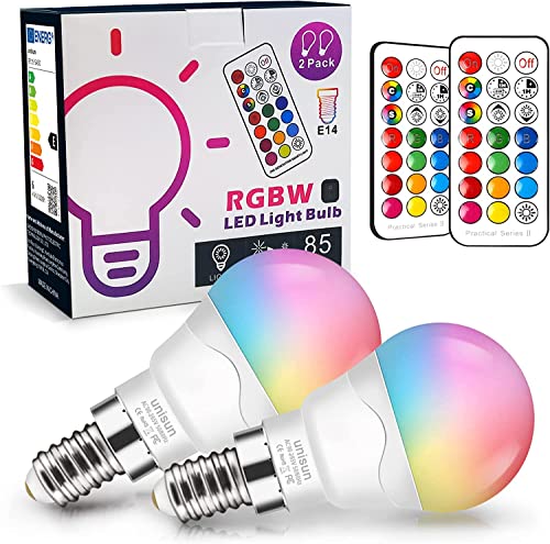Bombilla LED Colores (2 Pack), RGBW 40W Equivalente LED Bombilla Regulable Cambio de Color Edison 6W E14, RGB 12 Colore,blanco cálido 2700K con control remoto