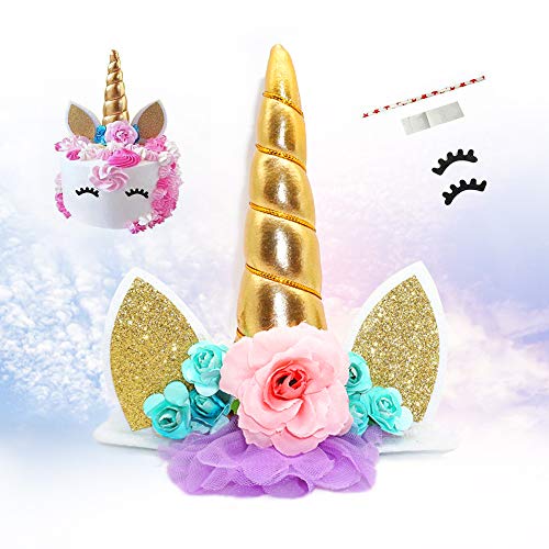 VCOSTORE Decoración de unicornio para tartas, hecha a mano, con pestañas, reutilizable, para fiestas de cumpleaños, bodas, baby shower
