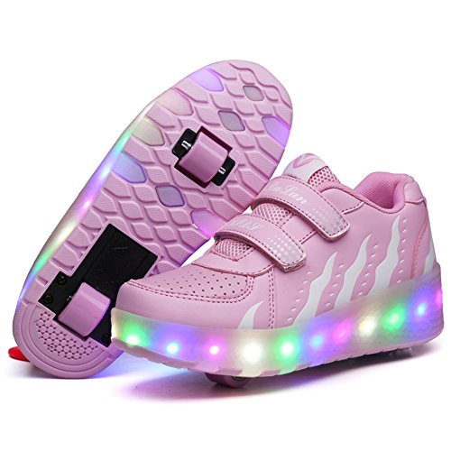 Aizeroth USB Recargar Skateboarding Zapatos Luces LED Coloridos Parpadeante Zapatos de Skate Rueda Doble Zapatillas Calzado Deportes de Exterior Gimnástico Sneakers Regalo de cumpleaños para niña