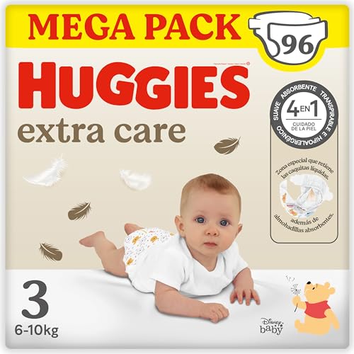 Huggies Extra Care Pañal para bebé con Disney Talla 3 (6-10 kg), 3 packs x 32 pañales, Total 96 Pañales