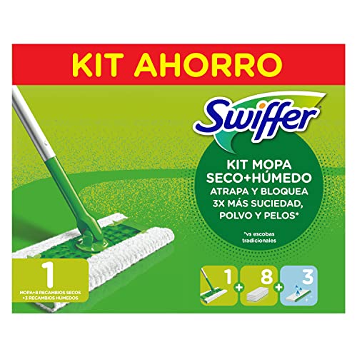 Swiffer Mopa + 8 Recambios Secos + 3 Húmedos, Kit, Ideal para Suelos de Madera, Cerámica y Vinilo