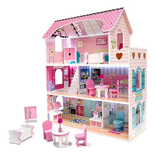 SILUK Casa de muñecas de madera, con muebles y accesorios (modelo 5)