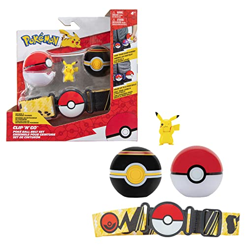 Bandai - Pokémon - Cinturón Clip 'N' Go - 1 cinturón, 1 Bola de poké, 1 Bola de Lujo y 1 Figura de 5 cm Pikachu - Accesorio para disfrazarse de Entrenador Pokémon - JW0232