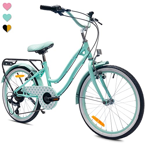 Heart Bike Bicicleta niña 20 Pulgadas, Casete Shimano Tourney 6 velocidades y Manillar Revoshift, reflectores, Timbre (20 Pulgadas, Menta)