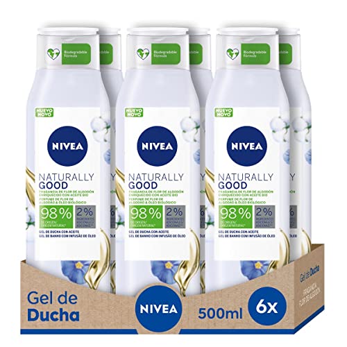 NIVEA Naturally Good Gel de ducha con Flor de Algodón y Aceite Bio 500 ml, pack de 6 unidades (6 x 500 ml)