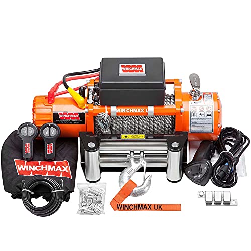 Winchmax 13.000 libras (6.123 kg) Cabrestante eléctrico naranja original de 24v. Cuerda de acero, control remoto inalámbrico doble.