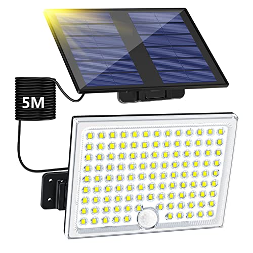 Realky Lampara Solar Exterior con Sensor de Movimiento, Foco Solar Exterior 113 LEDs 2000mAh 4 Modes, Luz Solar Exterior Potente Foco LED Exterior Solar Jardin con Cable de 5 m, 1 pieza