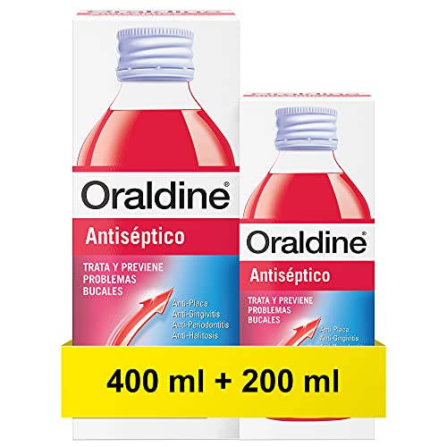 Oraldine, Colutorio De Uso Diario Líquido, Antiséptico y Antifúngico, Previene Gingivitis y Aftas, Pack de 400 ml y 200 ml