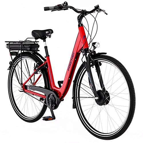 Fischer Cita 1.0, Bicicleta eléctrica para Hombre y Mujer, RH 44 cm, Motor Delantero 32 NM, batería de 36 V, Rojo Brillante, 28 Pulgadas