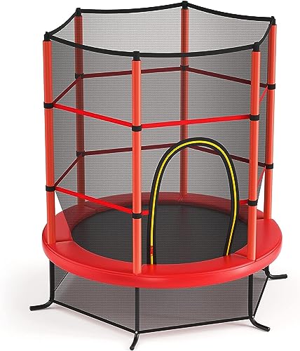 GOPLUS Trampolín Infantil Ø165 cm con Red de Protección, Cama Elástica para Niños Exterior Interior Antideslizante, Trampolin para Jardín Capacidad de Carga 135 kg, Rojo