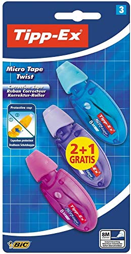 BIC Tipp-Ex Cinta Correctora de Bolígrafos, Óptimo para Material Escolar, Micro Tape Twist, 8m x 5mm, Con Cabezal Rotativo, Blíster de 3