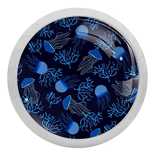 BUJOJUB Jellyfish Animal Cartoon Coral Pattern, 4 Pack Fluorescence Round Drawer Knops Dresser Pull Kitchen Cabinet Knob
