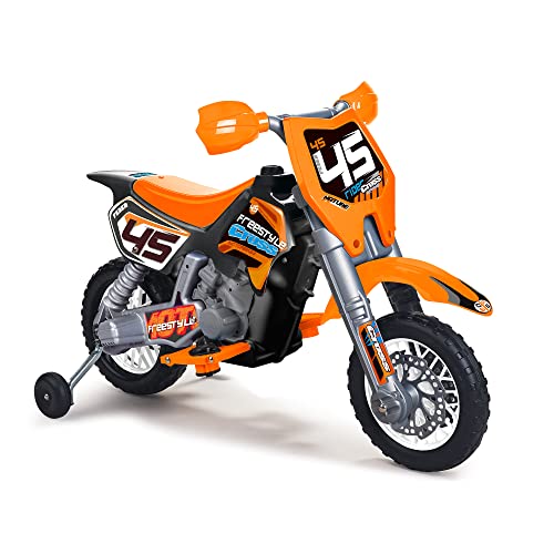 FEBER - Cross Bike, moto eléctrica de 6V, motocross de juguete de color naranja, con aspecto y pegatinas deportivas, tiene pedales y ruedines, para niños y niñas entre 2 y 7 años, Famosa (FEN02000)
