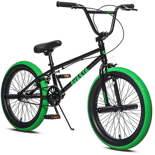 AVASTA Bicicleta BMX para niños de 20 pulgadas, para 6, 7, 8, 9, 10, 11, 12, 13, 14 años, con 4 clavijas, negro y verde