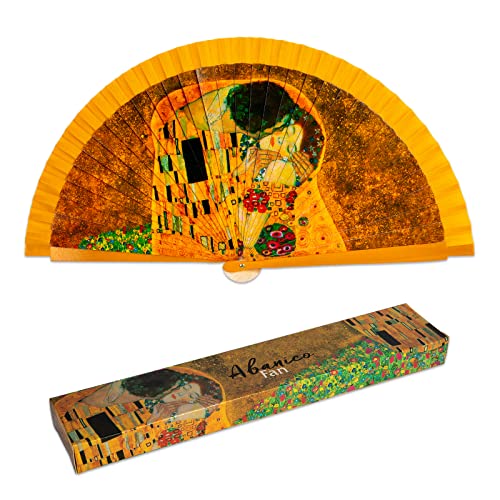 Abanico Plegable en Tela Estampada de Algodón sobre Madera. Colección (Klimt El Beso)