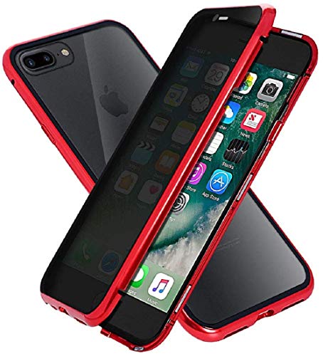 Carcasa Anti-pío para iPhone 7 Plus/ 8 Plus Funda antiespía adsorción magnética 360 Grados Anti-Spy Protección privacidad Vidrio Templado Frontal y Posterior Anti Peep Case Marco de Metal Cover,Rojo