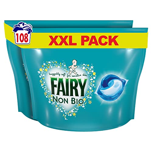 Fairy Non-Bio PODS, detergente líquido para lavado de ropa comprimidos/cápsulas, 108 lavados, abrazablemente suave para pieles sensibles, 54 unidades (paquete de 2)