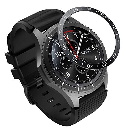MoKo Anillo de Bisel Compatible con Samsung Gear S3/Galaxy Watch 46mm, Smart Watch Bisel Cubierta Adhesiva de Acero Inoxidable Antiarañazos Protector - Negro