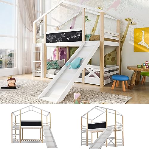 Cama infantil en casa de árbol con tobogán y escalera 90 x 200 cm, cama en altillo para niños - 2X somieres - Nature & White (Con tobogán)