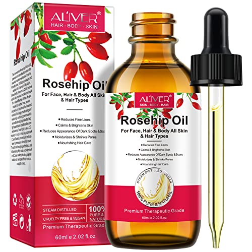 Aceite de Rosa Mosqueta,60ML,100 puro,para Cicatrices y Estrías, usado como Hidratante para Cuerpo y Piel,Arrugas Antienvejecimiento Suaves,Perfecto para Aromaterapia y Relajación (1 pack)