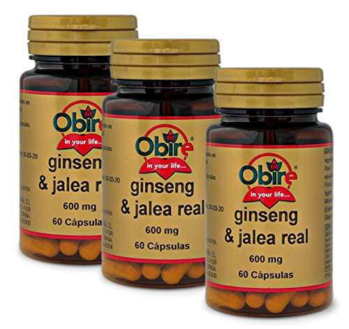 Obire | Ginseng + Jalea Real 600 mg | Pack 3 Unidades | 60 Cápsulas | Ayuda a Aumentar tu Rendimiento Físico y Mental | Ayuda para Combatir el Cansancio | Rico en Vitaminas y Minerales