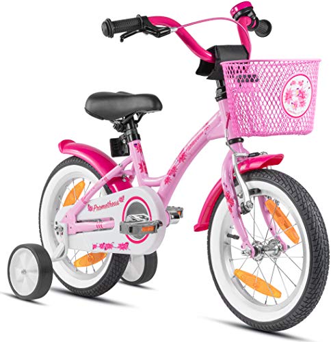Prometheus Bicicleta para niños de 3 a 5 años | Bicicleta Infantil 4 años para niñas 14 Pulgadas con ruedines en Rosa y Blanco