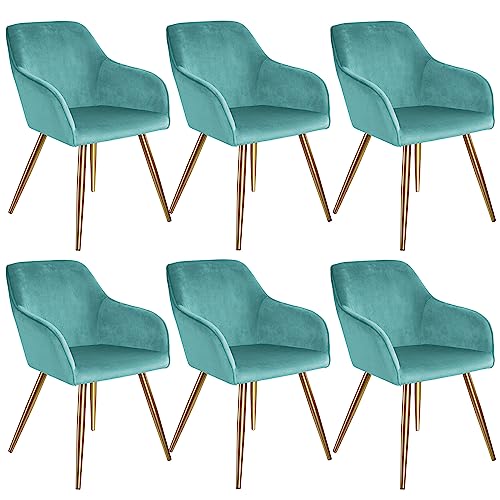 TecTake 800863 Set de Seis sillas aterciopeladas, Juego de Seis sillas de Comedor tapizadas en Terciopelo, Conjunto de sillas Elegantes para la Cocina, Sillones para despacho (Azul Turquesa-Dorado)